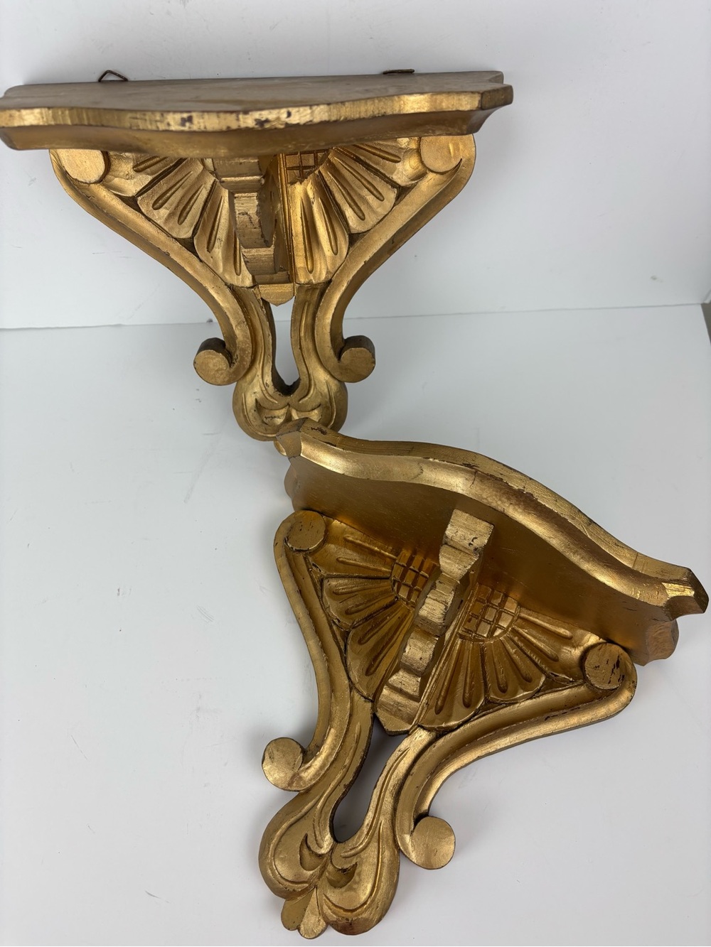 Vintage Wood Wall Bracket Shelf Pair (2) Ornate Carved-Painted Gold